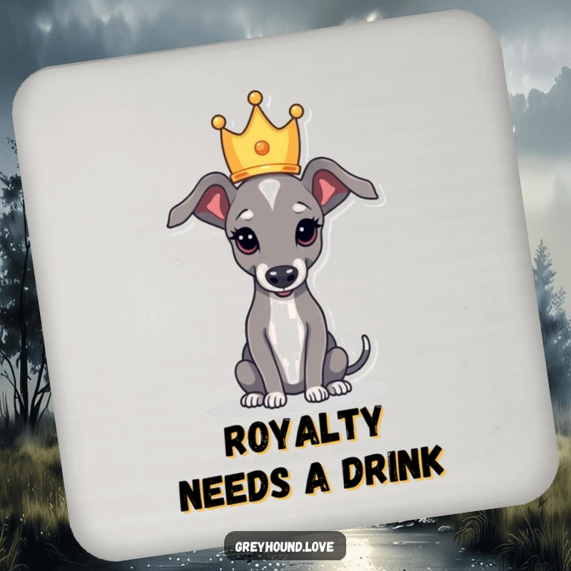 Funny drink coaster with a greyhound balancing a small crown, adding regal humor to your tabletop.
