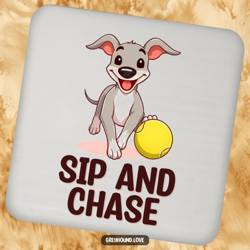 Funny greyhound coaster with a comical grin, chasing a tennis ball, protecting surfaces with playful canine charm.