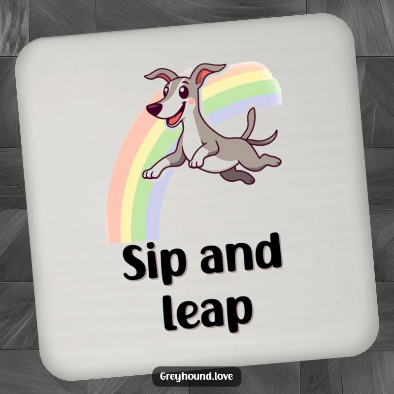 Funny drink coaster featuring an excited greyhound character leaping over a colorful rainbow with a happy grin.