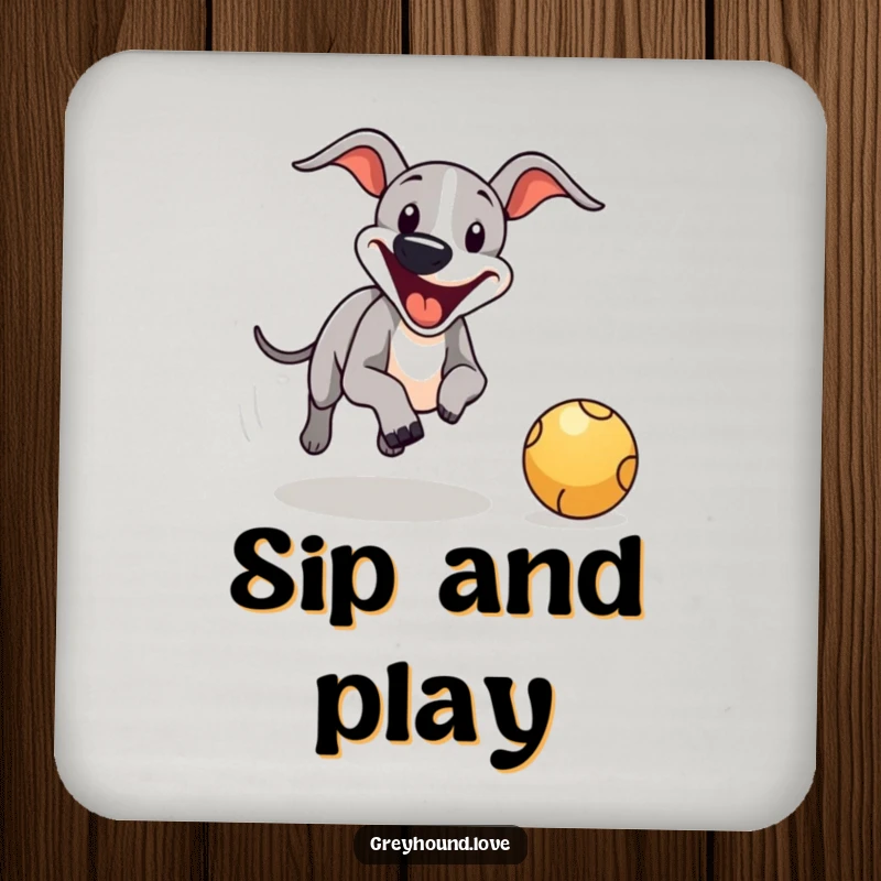 Funny greyhound ball chase coaster, showcasing a happy dog with a big smile chasing a bouncing ball.
