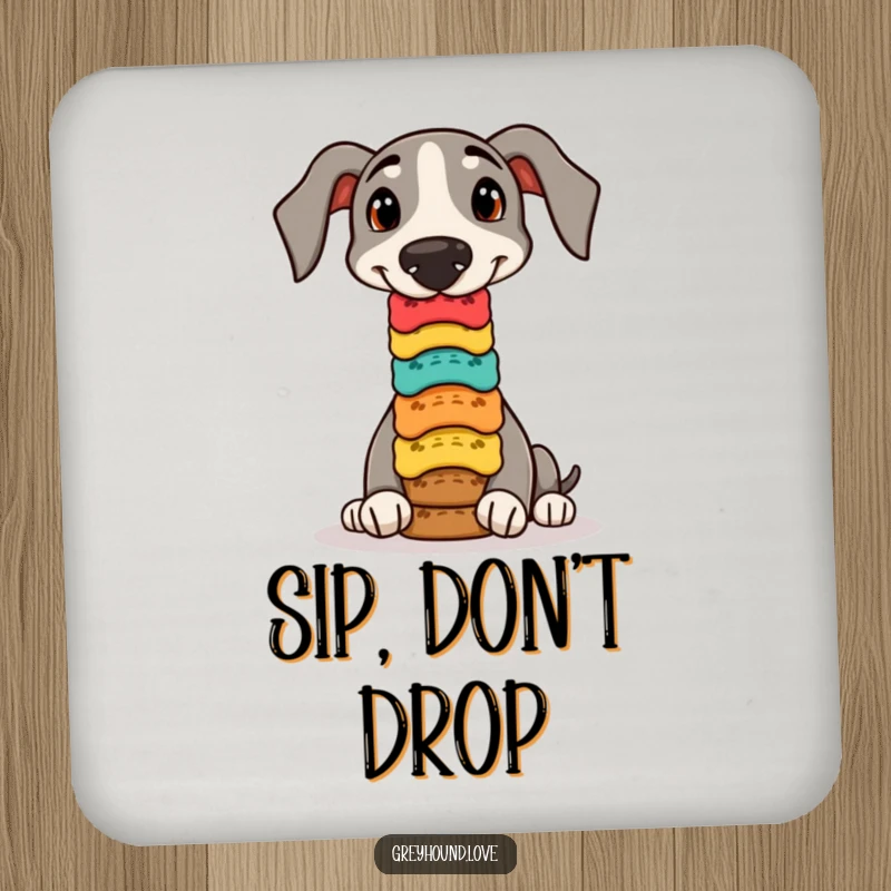 Funny greyhound biscuit balance coaster, showcasing a talented dog balancing a stack of colorful dog biscuits.