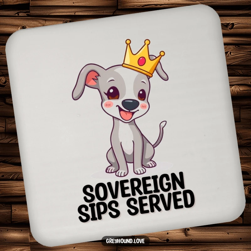 Funny drink coaster depicting a greyhound with a crown, tail wagging happily, protecting surfaces with playful elegance.