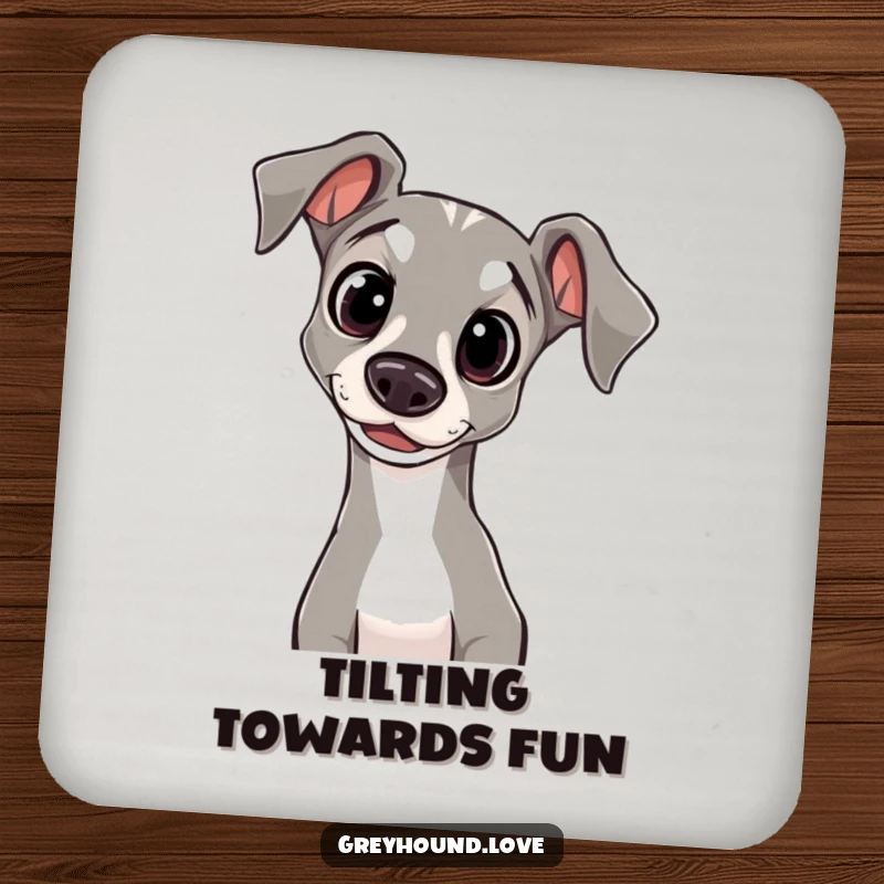 Funny Drink Coasters featuring a greyhound with innocent eyes and a curiously tilted head, adding charm and surface protection.