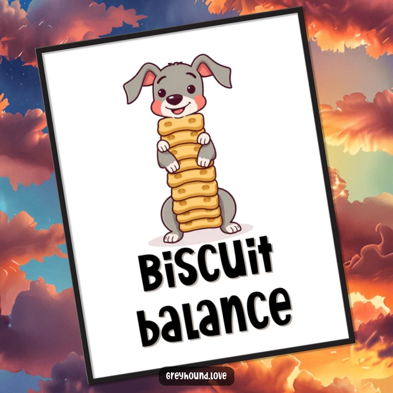 Funny POSTER: A greyhound character skillfully balances an impressive stack of dog biscuits, creating a humorous art piece.