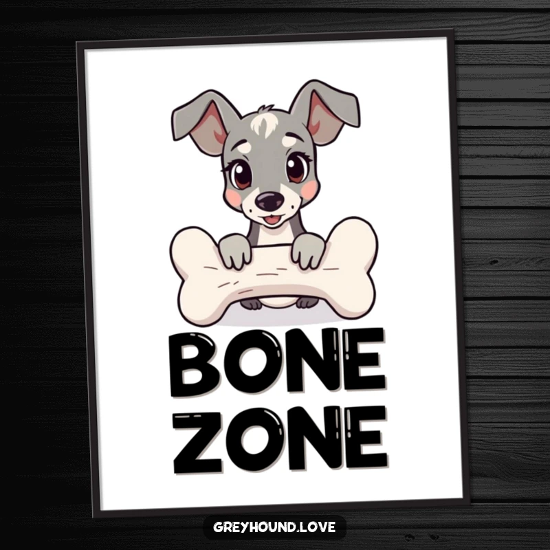 Funny Poster illustrating a curious greyhound peeking from behind a comically large bone, adding whimsy to decor.