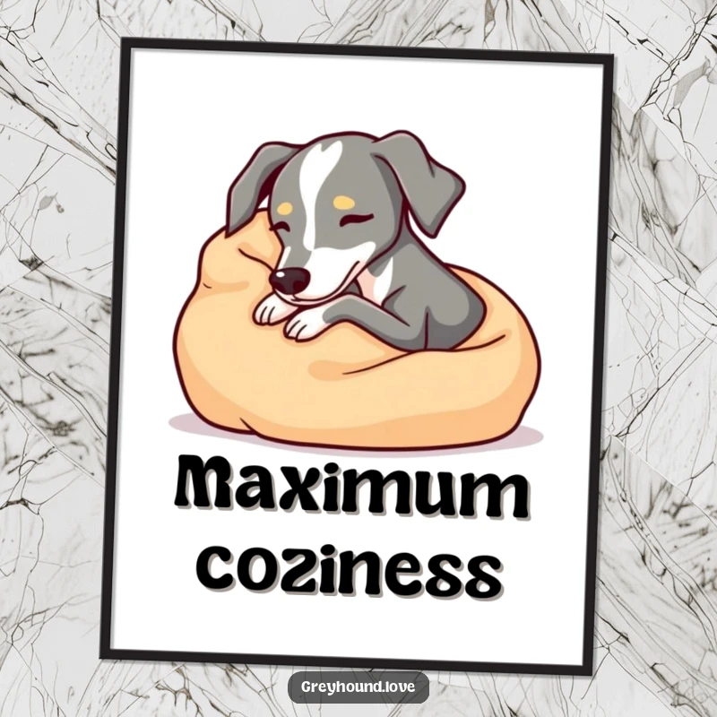 Cozy greyhound poster, snuggling comfortably in a soft blanket, relaxed and peaceful dog wall art, ideal funny gift for home.