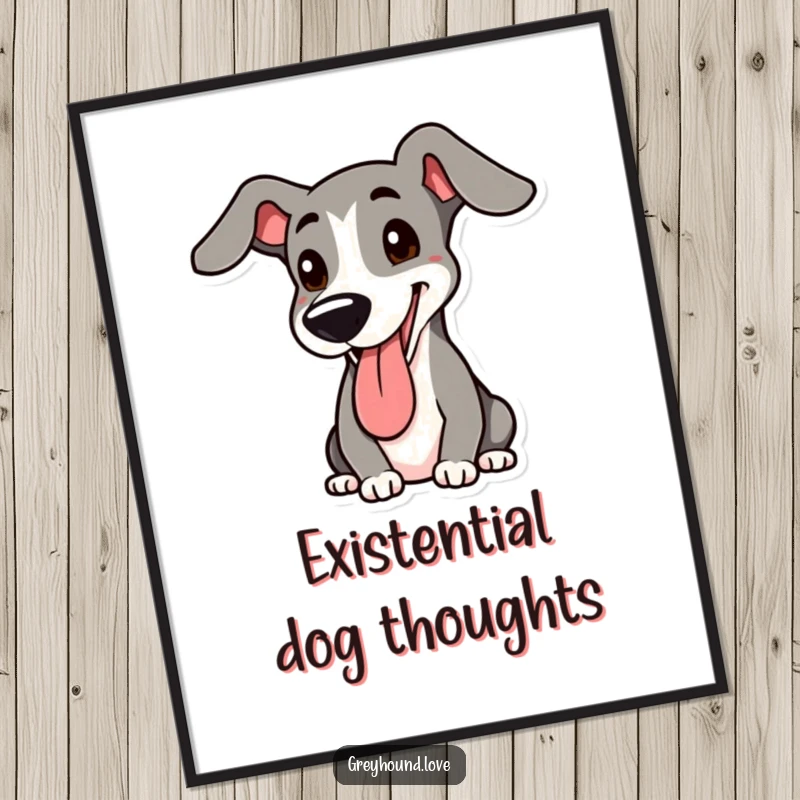 Funny Greyhound Poster: Joyful greyhound panting with a floppy ear raised, a charming piece of dog art for enthusiasts.