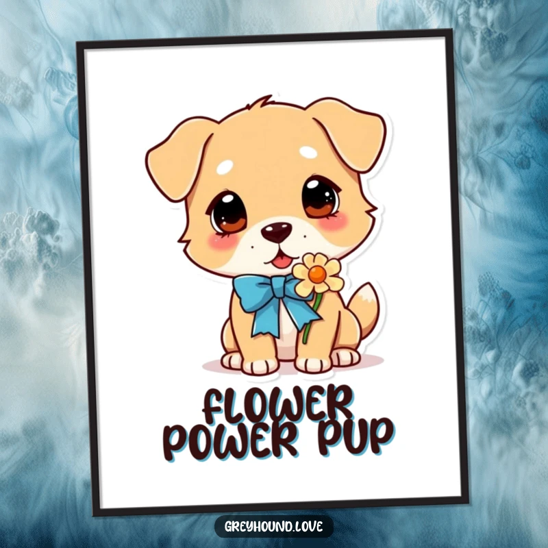 Funny Dog Poster: A dog wearing a decorative ribbon, deeply engrossed in sniffing a beautiful flower, evoking a sense of calm and happiness.