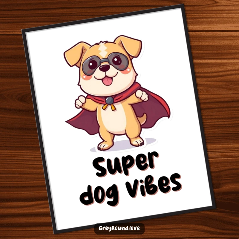 Funny Dog Poster: A playful dog character in a superhero cape strikes a powerful and heroic pose, radiating confidence and charm.
