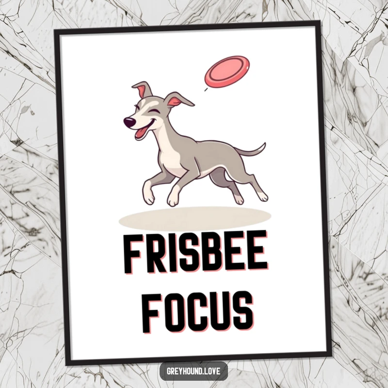 Funny POSTER: A greyhound with a playful wink is captured mid-air, skillfully catching a flying frisbee. Dynamic and humorous.