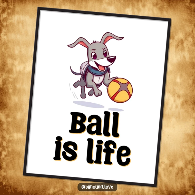 Funny Knight Greyhound Poster: A happy greyhound in comical armor chases a bouncing ball, celebrating playful adventure and canine charm.