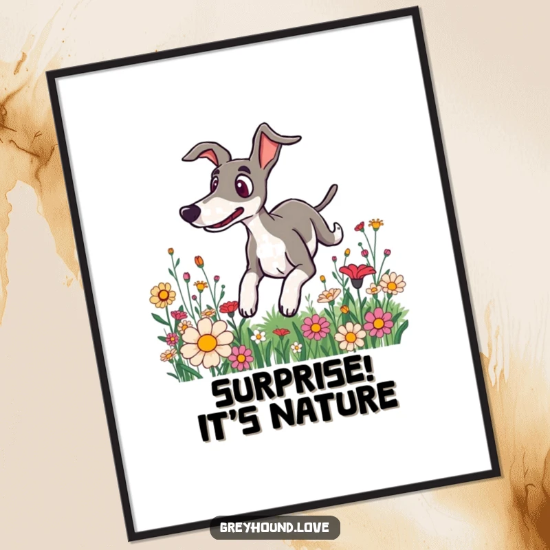 Funny poster print of a greyhound with eyes wide in surprise, hilariously tumbling through a dense, colorful flower field.