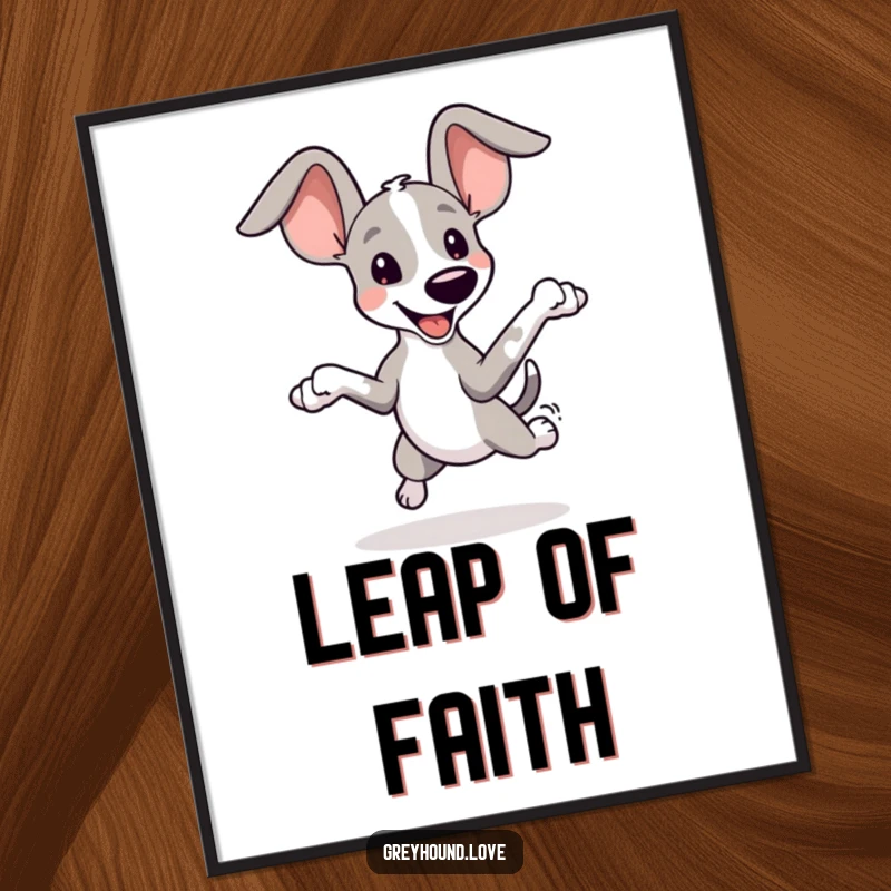 Funny Greyhound Ears Poster: A playful greyhound with oversized ears leaps joyfully, depicted in a whimsical and heartwarming artistic style.