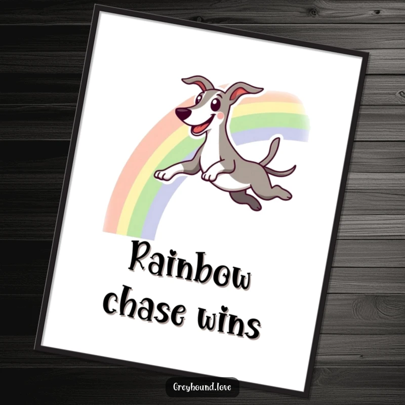 Funny poster of an excited greyhound character leaping happily over a bright rainbow with a wide grin.