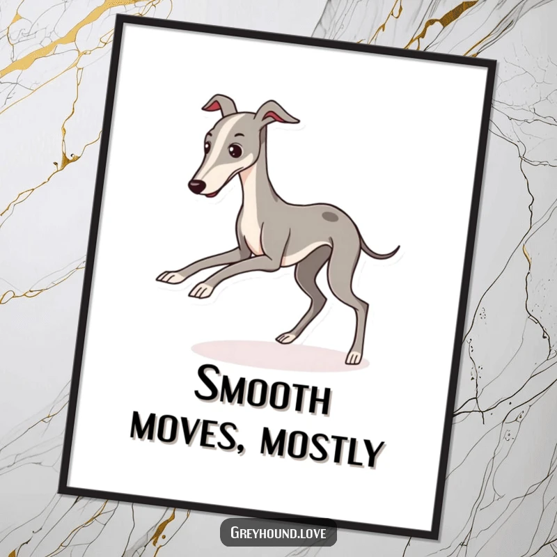 A poster featuring a sleek, kawaii greyhound character comically tripping over its long legs, adding humor.