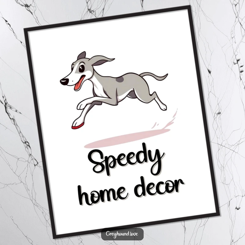 Funny Greyhound Poster depicting a determined dog in running shoes, crossing a checkered flag, capturing the essence of a humorous victory.