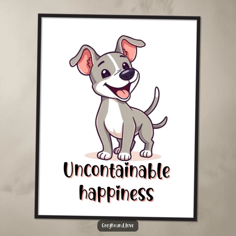 An enthusiastic greyhound wagging its tail is featured on a vibrant poster, radiating pure canine happiness.