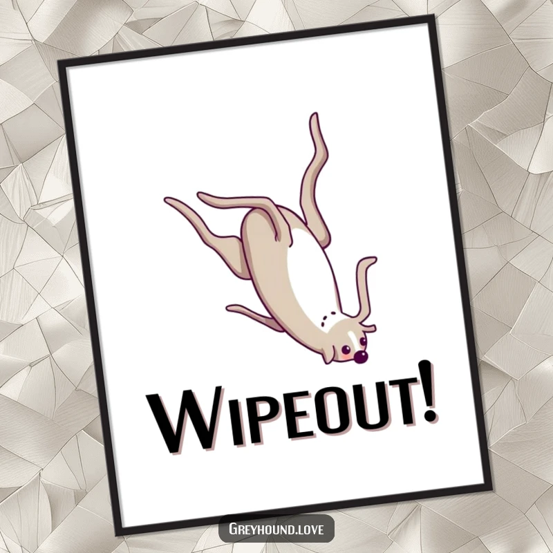 Funny Poster capturing a playful greyhound mid-somersault, showcasing its long body in a whimsical acrobatic pose.