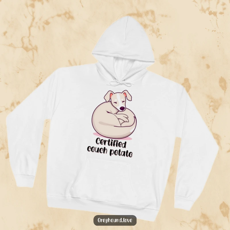 Funny Greyhound Hoodie depicting a playful dog in a happy, perfectly relaxed ball, capturing serene canine coziness.
