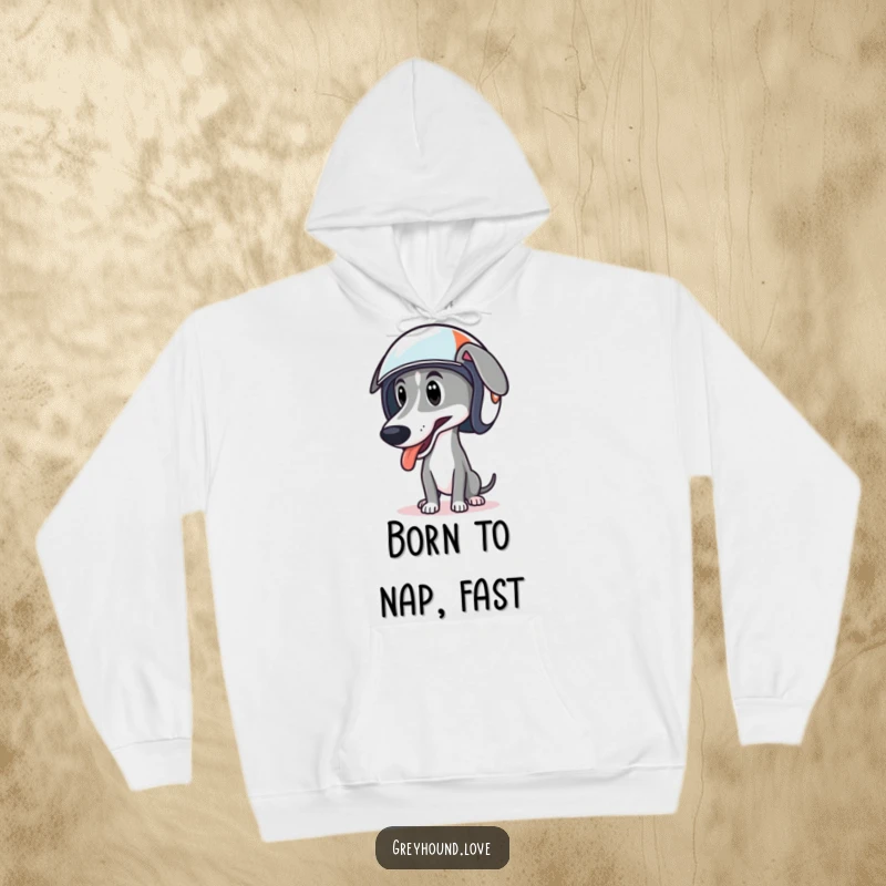 Funny hoodie featuring a greyhound wearing a tiny racing helmet, tongue out, ready for adventure.