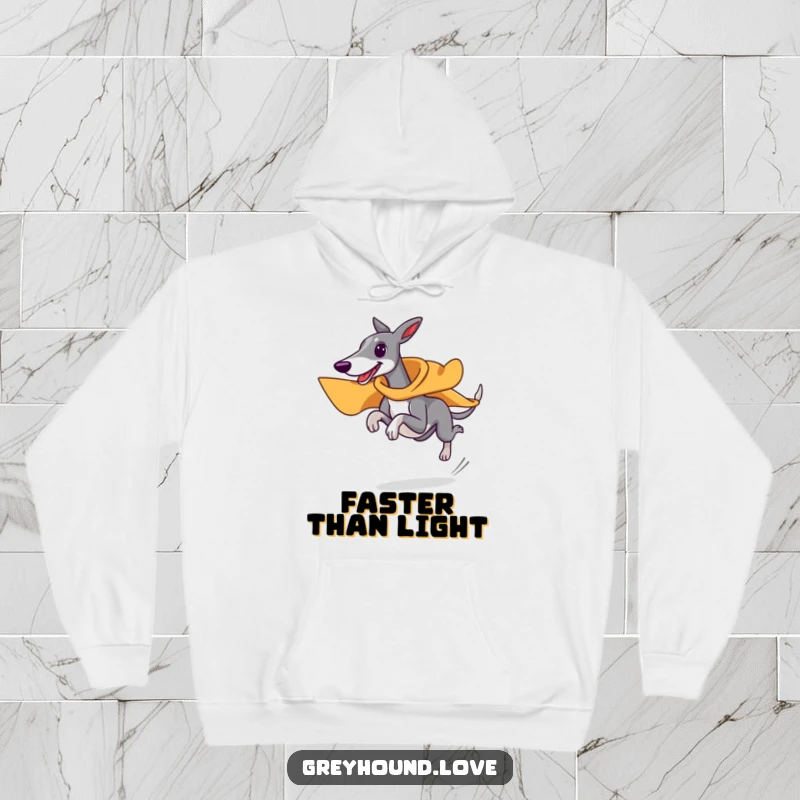 Funny superhero greyhound hoodie, wearing tiny cape, running at top speed, warm and comical dog apparel, perfect funny gift.