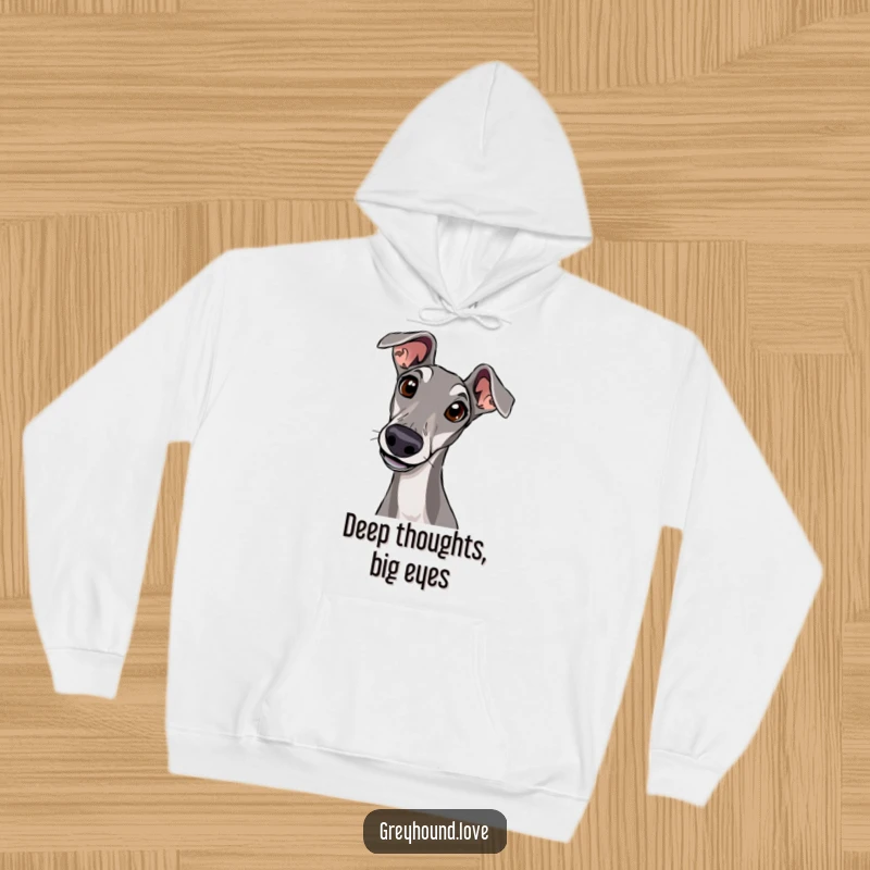A warm hoodie featuring a curious greyhound tilting its head with wide, questioning eyes.