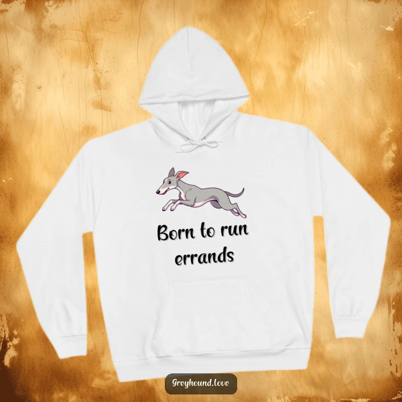 A sleek greyhound gracefully leaping with its ears trailing, depicted on a warm and cozy hoodie.