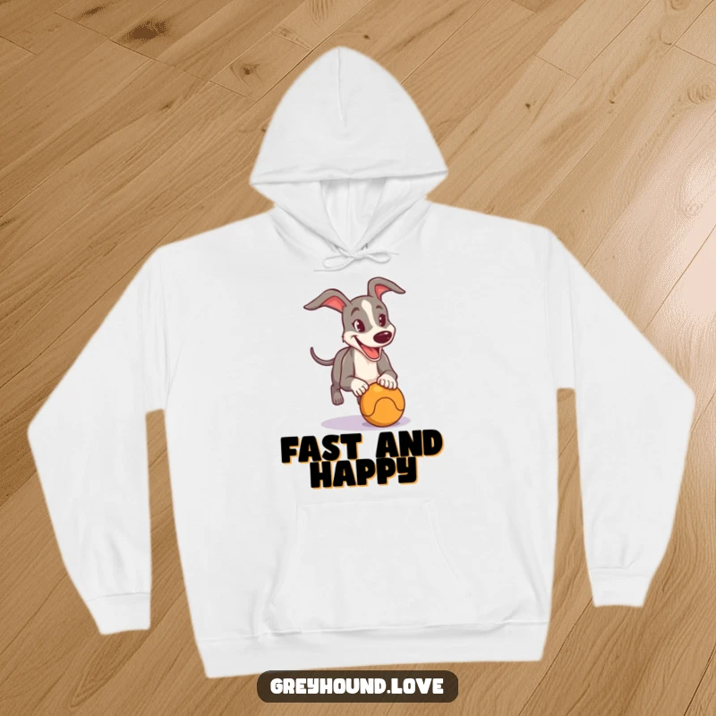 Funny Hoodie illustrating a happy greyhound in full chase after a ball, embodying speed and playful determination.