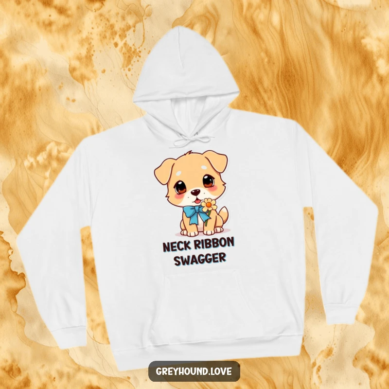 Funny Dog Hoodie: A dog with a festive ribbon around its neck, lovingly sniffing a blooming flower, conveying gentle appreciation.