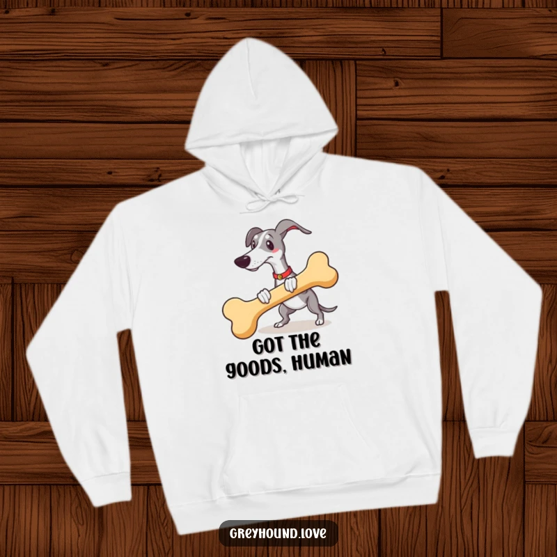 Funny greyhound wearing a giant novelty bone, snuggly hoodie perfect for dog lovers and funny gift seekers.