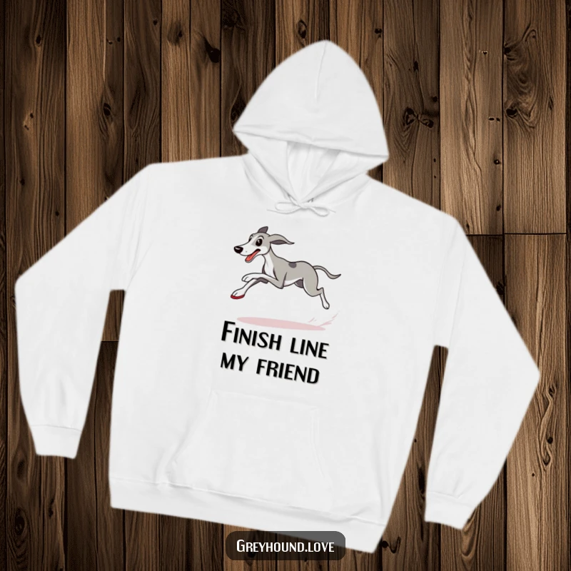 Funny Greyhound Hoodie showcasing a determined dog in racing shoes, victoriously crossing a checkered flag, radiating humor and speed.