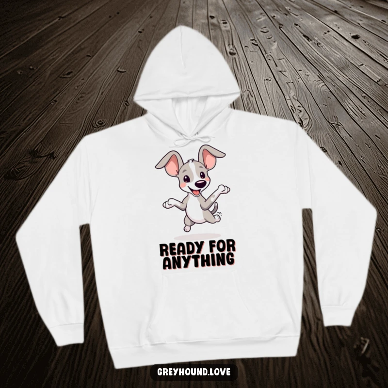 Funny Greyhound Ears Hoodie: A playful greyhound with oversized ears leaps joyfully, offering warmth and a humorous, happy vibe.