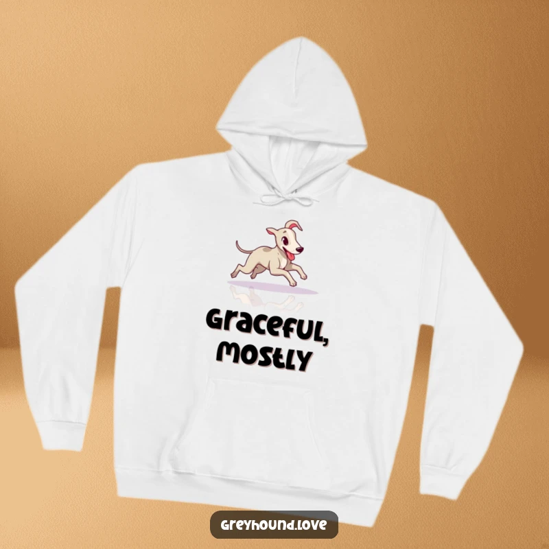 Funny Greyhound Hoodie: A greyhound is pictured mid-slide across a polished floor, tongue lolling.