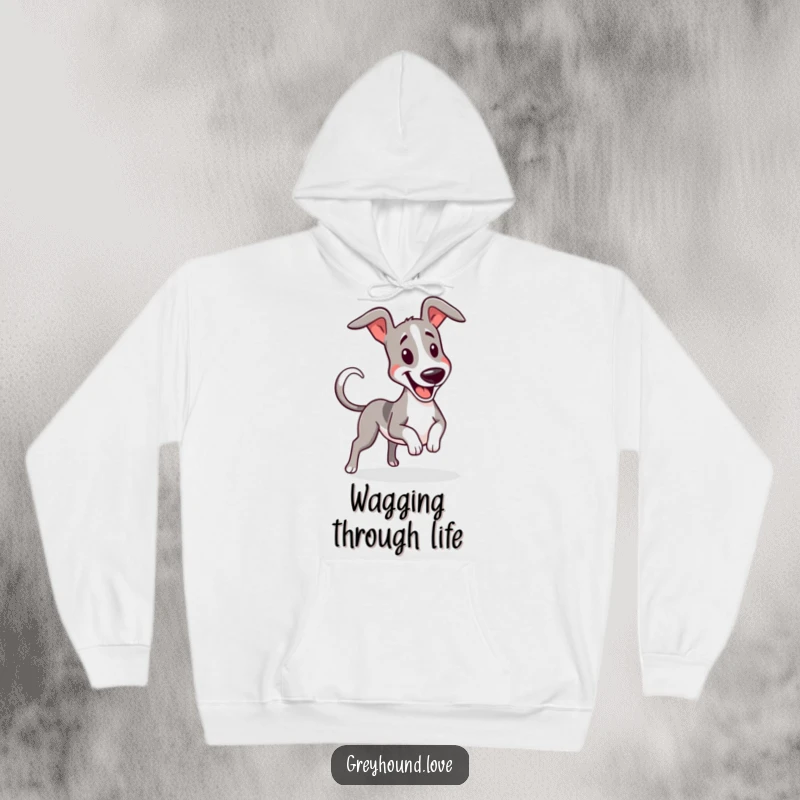 Funny greyhound wiggling with a furiously wagging tail on a soft hoodie, perfect for happy gifts.