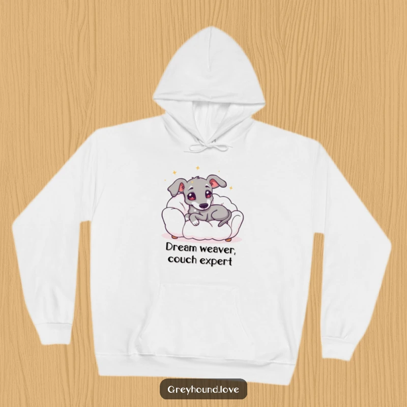 Funny hoodie design of a greyhound with luminous starry eyes, blissfully lounging on a soft, ethereal cloud.