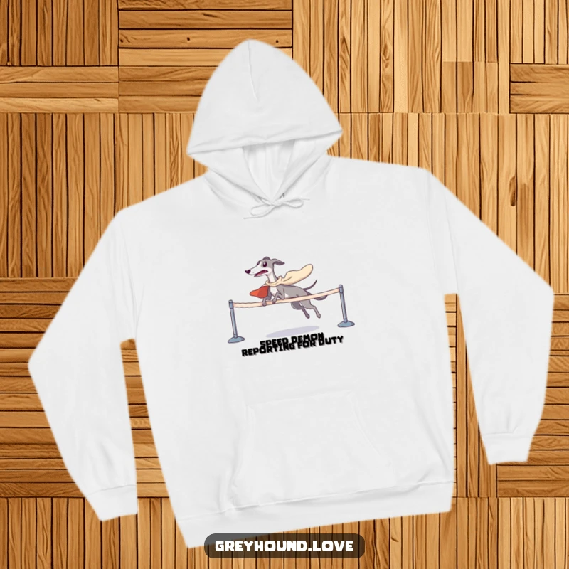 Funny greyhound wearing a superhero cape, triumphantly winning a race, cozy hoodie perfect for gifting.