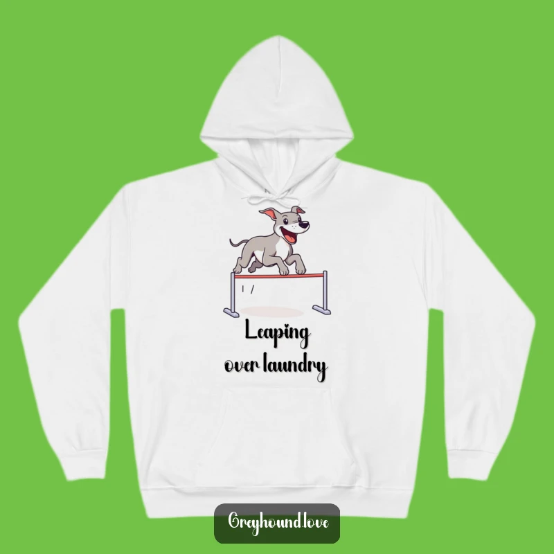 Funny Greyhound Hoodie: Cozy Up with a Joyous Dog Leaping Invisible Hurdles