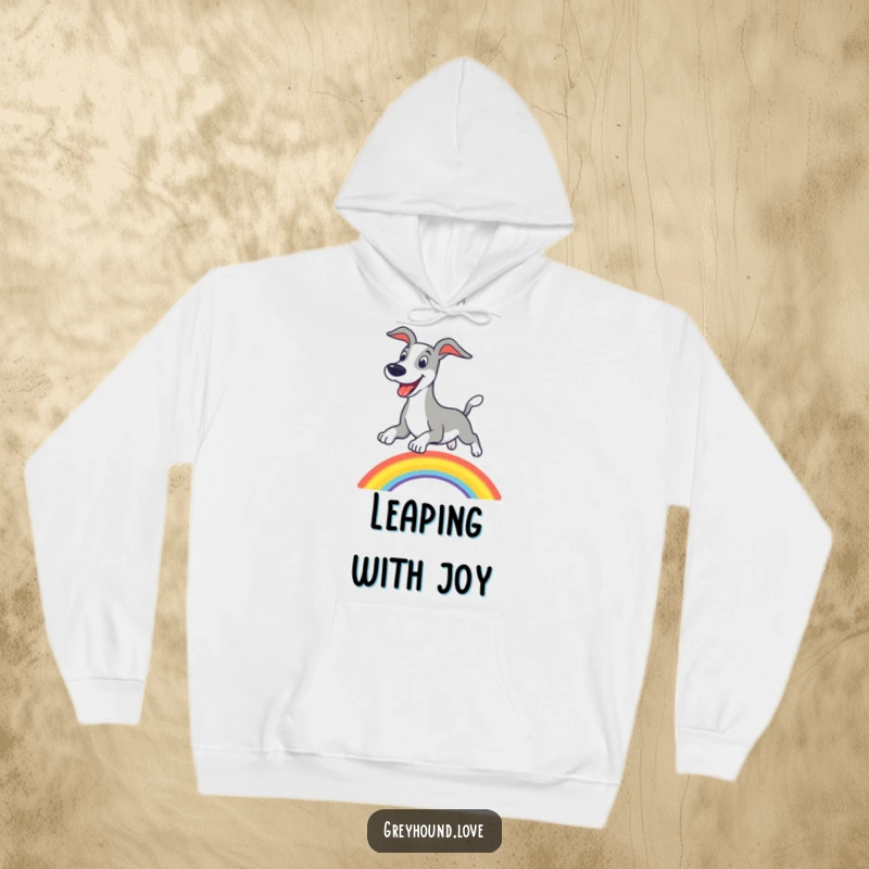 Funny greyhound hoodie, featuring a happy dog jumping over a vibrant rainbow, radiating positivity.
