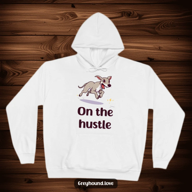 Funny greyhound with a determined look sprinting towards a distant goal on a cozy hoodie.