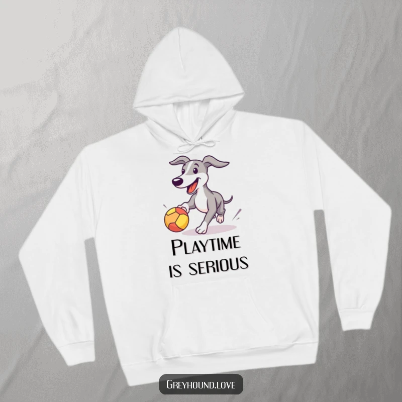 Funny Greyhound hoodie depicting a happy dog in playful pursuit of a bouncing ball, offering warmth and humor.