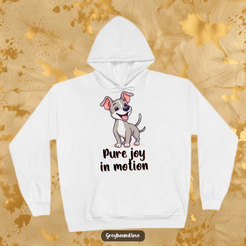 A warm hoodie featuring a greyhound enthusiastically wagging its tail, spreading joy and comfort.