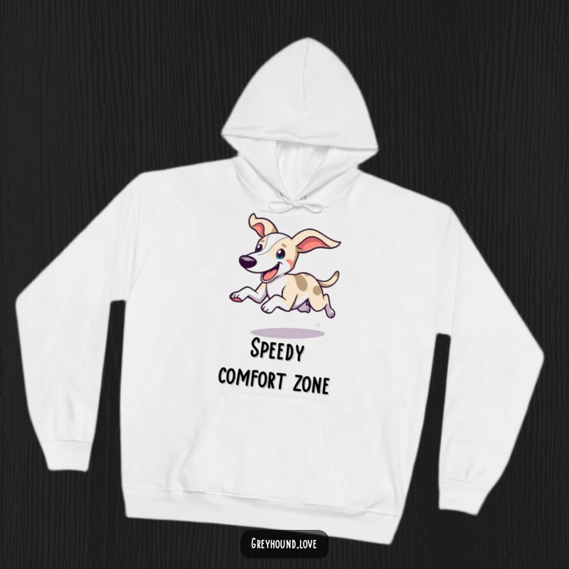 Funny and cozy hoodie showcasing a swift greyhound dashing with ears flying and a happy expression, perfect for comfort and cheer.