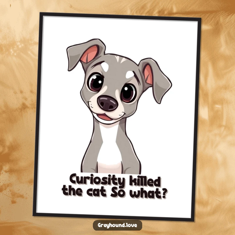Funny Free Printable Wall Art: A greyhound with wide, innocent eyes and a curious head tilt, inviting a smile.