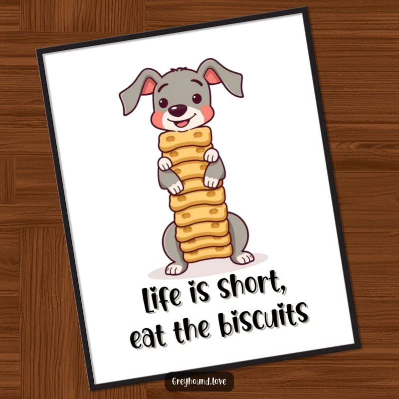 Funny Free Printable Wall Art: Greyhound character with impressive skill balancing a large stack of dog biscuits.