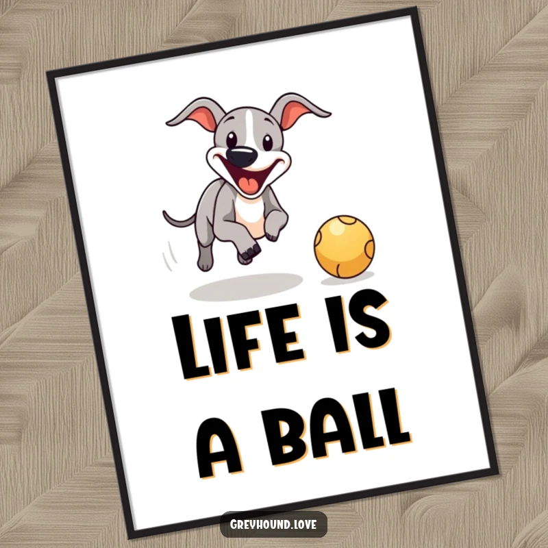 Lively free printable wall art of a smiling greyhound excitedly chasing a bouncing ball, capturing pure joy.