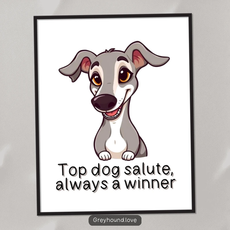 Funny Free Printable Wall Art: Goofy greyhound with floppy ear saluting, bringing humor to any room.