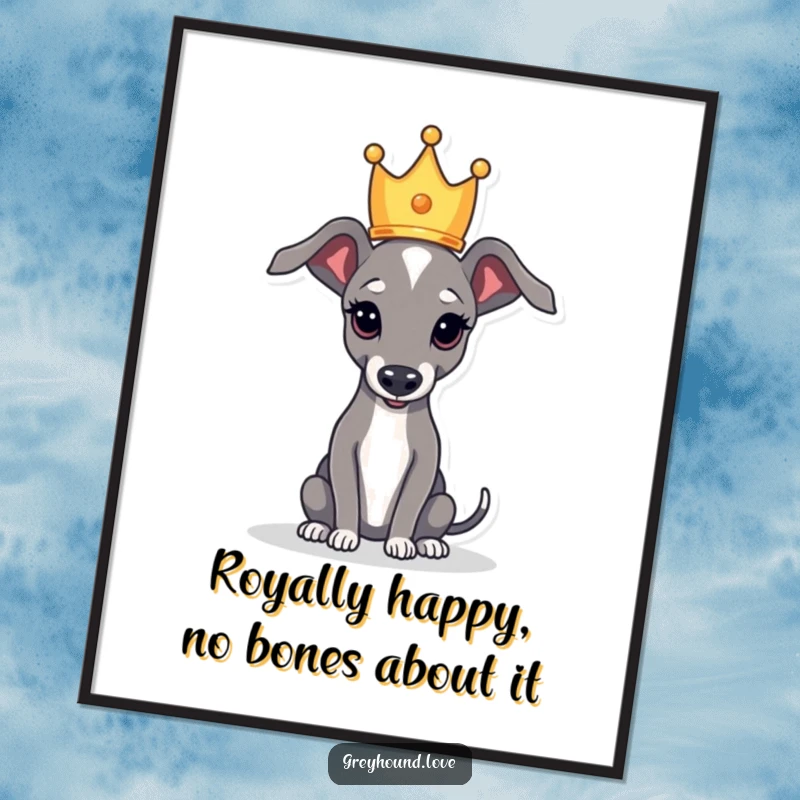 Funny Free Printable Wall Art: A greyhound balancing a tiny crown on its head, exuding regal charm.