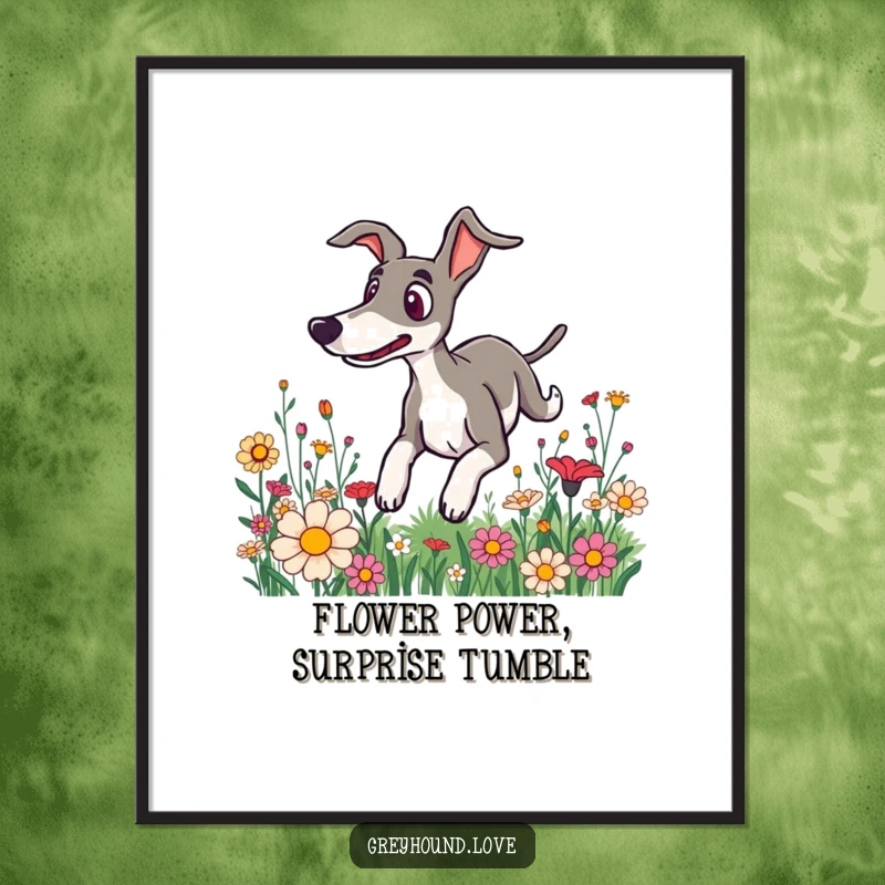 Funny Free Printable Wall Art: A surprised greyhound tumbles through a field of flowers, creating whimsical downloadable art.