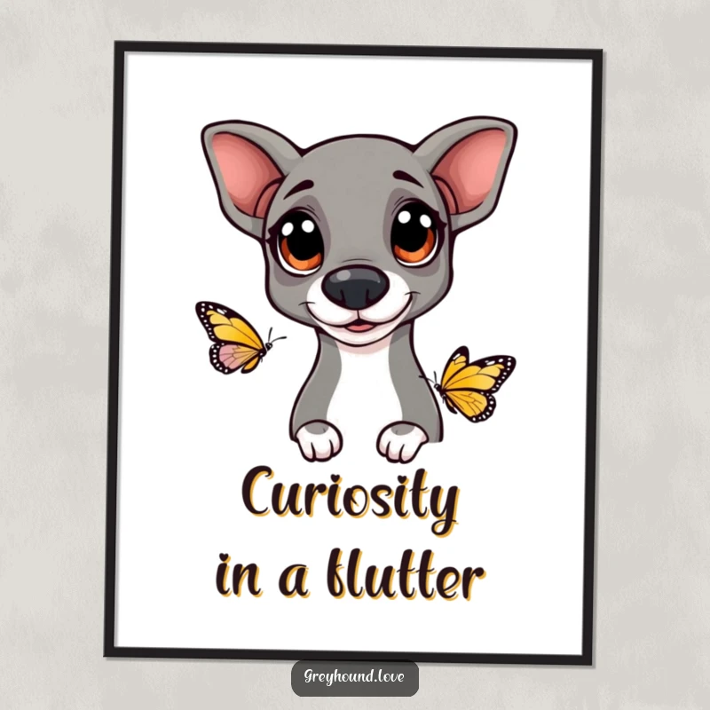 Funny Free Printable Wall Art: Greyhound with large, joyful eyes curiously watching a fluttering butterfly in nature.