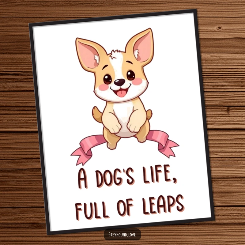 Funny Free Printable Wall Art: Enthusiastic dog with enormous floppy ears leaping playfully over a decorative ribbon.
